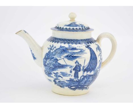 A Caughley 'Fisherman' or 'Pleasure Boat' teapot and covercirca 1785-90of globular form with a ridged handle, transfer-printe