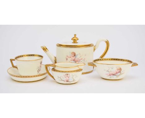 A Minton tea service painted by Anton Boullemier, circa 1878, comprising teapot and cover, cream jug, sucrier and a teacup an