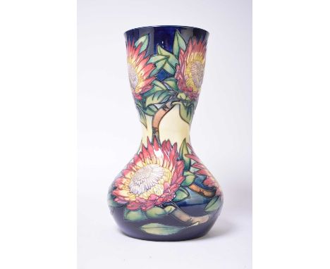 A large Moorcroft double-gourd trial vase in the 'King Protea' pattern designed by Emma Bosson, dated 1998, signed in gold by