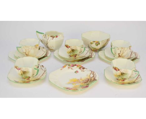 An Art Deco Shelley 'Queen Anne' shape part tea service in the Autumn Leaves pattern, number 11724, comprising six teacups, e