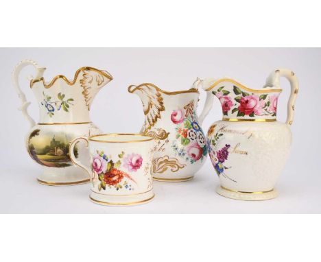Three presentation jugs, 19th century, comprising a Staffordshire relief-moulded example inscribed 'Thomas Hammersley, Black 