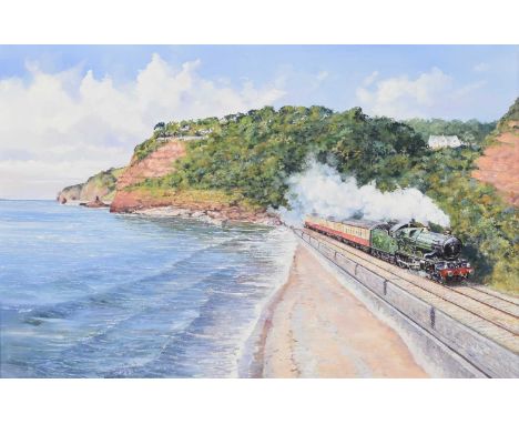 British School (20th Century) Steam Train travelling along a coastal railroad, signed 'M Salt' lower right, oil on canvas, 50