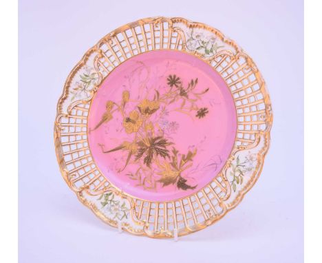 A nice quality Spode Copeland's China cabinet plate, circa 1895-1900, pink ground with raised gilded foliage, the pierced bor