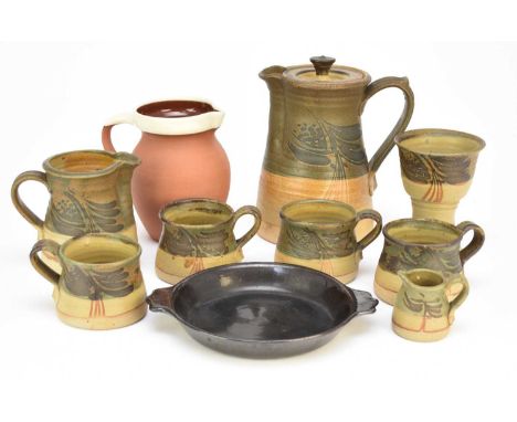 An Owen Thorpe (Priestweston) studio pottery coffee set, comprising coffee pot and cover, four coffee cups, one small jug, on