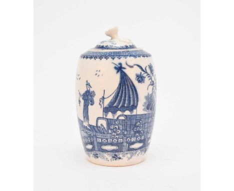 A Caughley 'Fisherman' tea canister and cover, circa 1780-85, transfer-printed in underglaze blue, printed S mark, 13.5cm hig