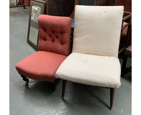 A very small Victorian button back bedroom chair, on ebonised legs and casters; together with one other mid century in need o