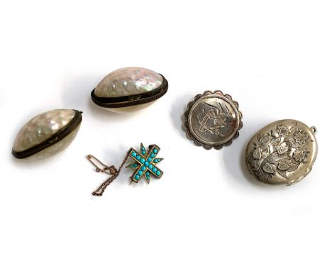 A silver locket with engraved floral decoration (af), silver aesthetic movement brooch, 3cmD; gilt metal and turquoise cross 