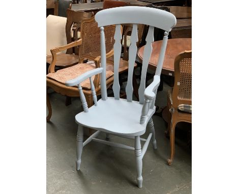 A light blue painted farmhouse open armchair 