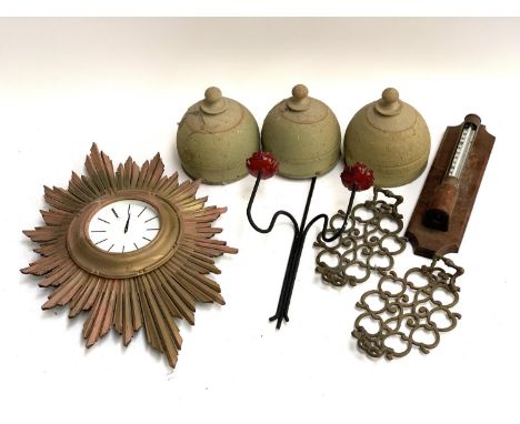 A mixed lot to include thermometer, Deco style wall clock, wrought iron wall sconce, etc