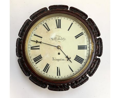 A Victorian wall clock, the enamel dial signed Roberts, Kingston, some damage, 42cmD 