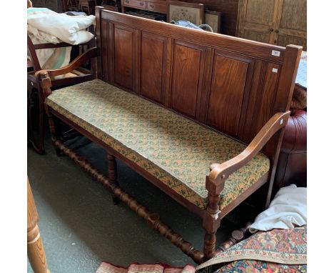 A 20th century Georgian style hall bench, four panel back, 158cmW 