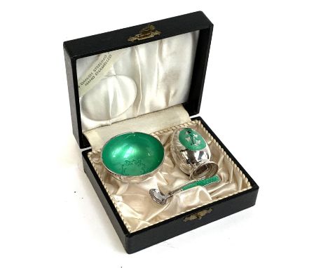 A Meka Danish sterling silver and green enamel cased salt and pepper, with spoon, the base of each marked 'MEKA DENMARK STERL