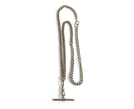 A silver fob chain, each link hallmarked, with T bar, approx. 43.4g 