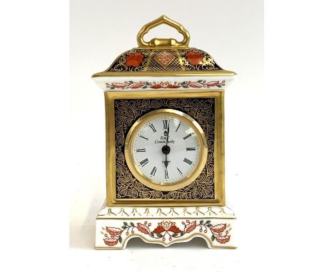 A Royal Crown Derby porcelain mantel clock, pattern number 1128, 18cm high 