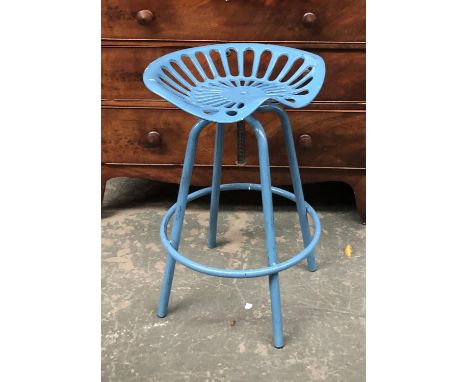 A tractor seat adjuststable high stool, blue painted, 51cmW 