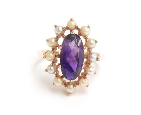 A 9ct gold, amethyst and split pearl cluster ring, size Q 1/2, approx. 5g 