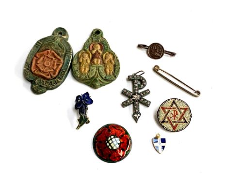 A white metal mounted micro mosaic pendant; together with a similar brooch; Tudor rose enamel plaque; enamel flag charm; cell