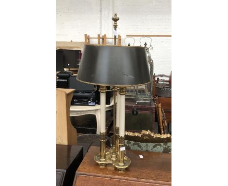 A gilt metal trefoil base table lamp, with dark green shade, 75cmH 