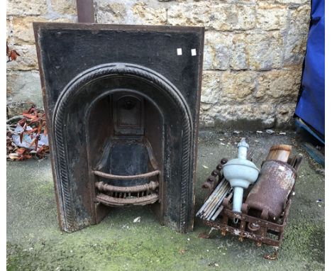 A Victorian cast iron fireplace, 60x91cmH; together with a fire grate; stair rods; etc 