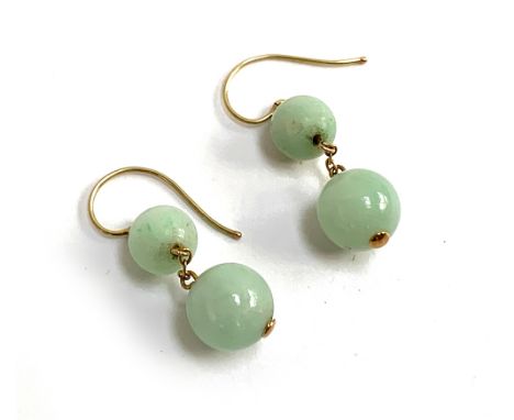 A pair of gold and celadon jade bead drop earrings, tests as 14ct or higher, 3cmL 