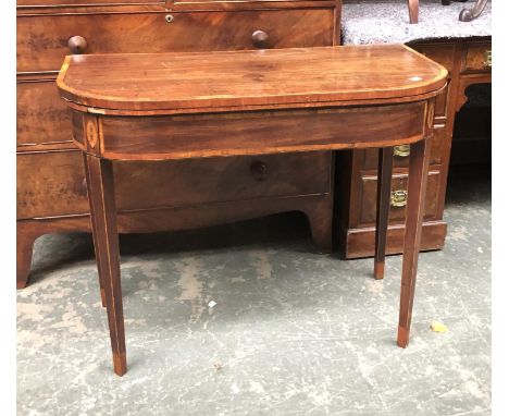 A George III mahogany and satinwood card table, with marquetry inlay, on square tapered legs, 91x44x73cmH 