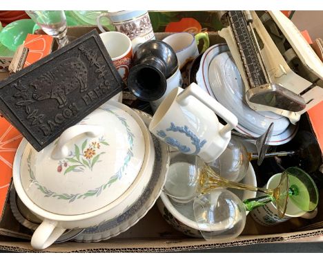 A mixed box to include Silver Jubilee studio pottery cup, Prinknash vase, bacon press, Tower scales, Wedgwood coronation 1953