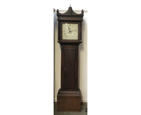 An oak cased longcase, clock, enamel dial flanked by fluted columns, 205cmH