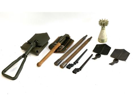 A mixed lot of trenching tools, to include a shovel stamped Brades 1944, together with 2x no. 4 Mk II bayonet, mortar tail et