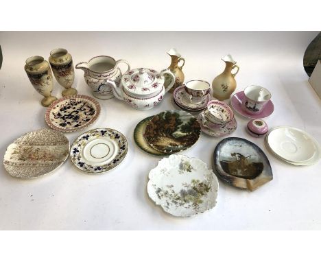 A mixed lot of ceramics to include a trinket box, tea wares, teapot, pair of Carlton ware vases, abalone shell painted with a