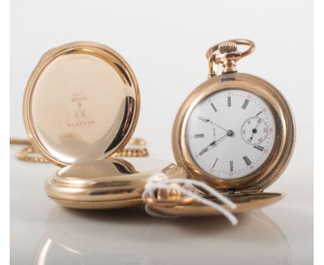 Two gold-plated full hunter pocket watches, Waltham and Elgin, both having white roman numeral dials with small seconds dials