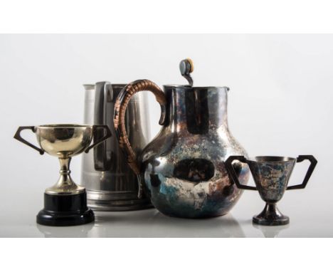 Collection of pewter plates, tankards, silver-plated wares, copper warming pan, an oval planter, alabaster lamp and stoneware