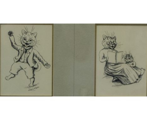 After Louis Wain, Four monochrome prints in two frames.