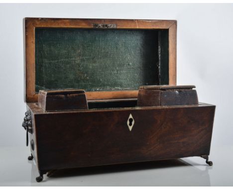 Victorian mahogany tea caddy, sarcophagus shape, boxwood outlines, lion-mask  handles, 35cms and a Victorian mahogany box, (2