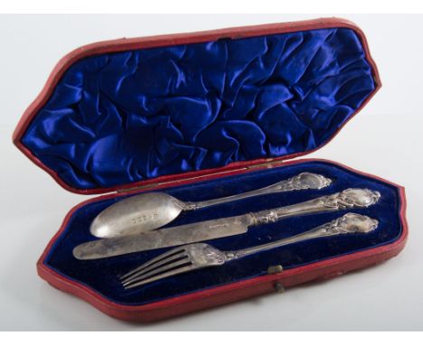Silver knife, fork and spoon, William Hodson & Son, London 1896, cased, a silver fork and spoon cased and a silver spoon case
