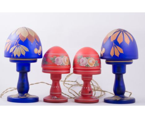 A pair of blue tinted satin glass mushroom shape table lamps, painted decoration of horse chestnuts, 28cm and a pair of ruby 