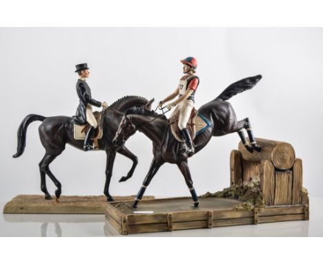 Border Fine Arts model - "Cross Country", B0319, mahogany plinth, height 25cms, another "Dressage", (damaged), two resin hors