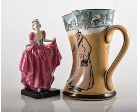 Royal Doulton Series Ware jug D2648, "Old Bob Ye Guard", height 20cms, Royal Doulton figure - "Delight" HN1772 and a Clarice 