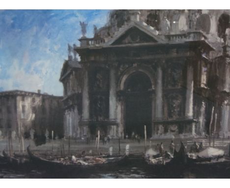 After Edward Seago, Santa Maria della Salute, Grand Canal Venice, signed in pencil, colour print, blind stamp, 53 x 72cms.