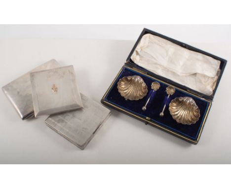 Silver compact, cigarette case and vanity case, nine teaspoons, salts and spoons, two enamel spoons, one other sifter spoon a