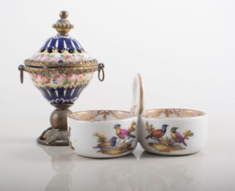 Meissen porcelain two-bowl salt, second quality, painted with birds, 10cms and a Continental gilt metal and enamel covered bo