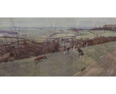 After Cecil Aldin,  Pytchley print of hounds in pursuit of a fox, 37cm x 65cm, mounted and glazed in gilt frame.