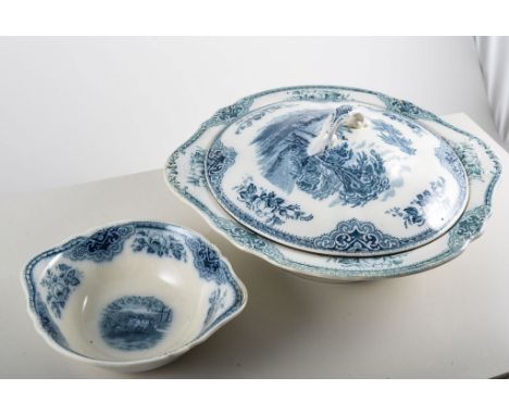 English pottery part dinner service, blue and white transfer print landscape scene.