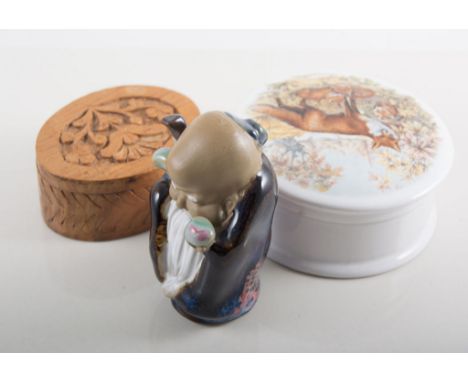 Wooden fishing reel, papier mache boxes, small boxed balance scales
