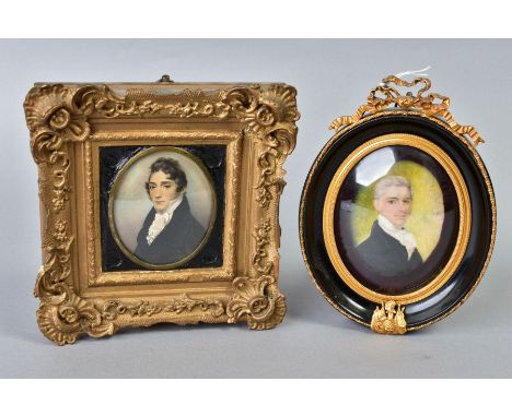 TWO EARLY 19TH CENTURY STYLE PORTRAIT MINIATURES OF GENTLEMAN, both ovals, one bears attribution verso to Engleheart, the squ