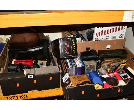 THREE BOXES OF BINOCULARS, COINS, BOOKS, CAMERAS, DVD'S, small pictures, boxed Miranda tripod, metal trays, jewellery boxes, 