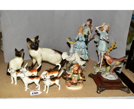 A COLLECTION OF BESWICK, HUMMEL AND OTHER ITALIAN FIGURINES, including two seal point Siamese cats model Nos 1887 (firing fau