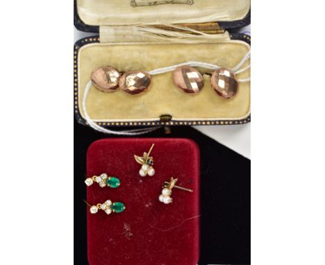 TWO PAIRS OF GOLD PLATED EARRINGS AND A PAIR OF CUFFLINKS, to include a pair of seed pearl and sapphire earrings in a foliate