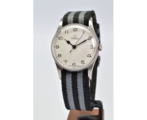 A STAINLESS STEEL OMEGA WRISTWATCH, silver tone dial with Arabic numeral hour markers, numbered 10324826, manual wind Omega c
