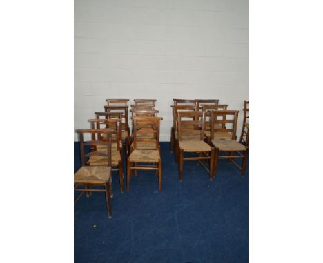 A NEAR SET OF SIX EARLY 20TH CENTURY RUSH SEATED LADDER BACK PRAYER CHAIRS together with nine various similar prayer chairs (