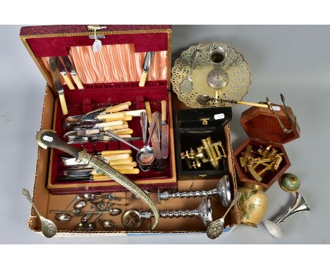 A BOX OF METALWARES, including cased and loose cutlery, boxed reproduction brass scientific instruments, replica dagger, etc